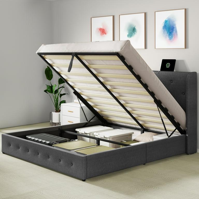 Dextrus Lift Up Storage Bed Gray Upholstered Queen Bed Frame with Wingback Headboard USB and Type C Ports No Box Spring Needed