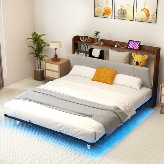 Dextrus Light Gray King Bed Frame with Built-in LED Lighting, Floating Bed Frame with Integrated Power Outlet, Contemporary Upholstered Platform Bed Frame, Box Spring Not Needed