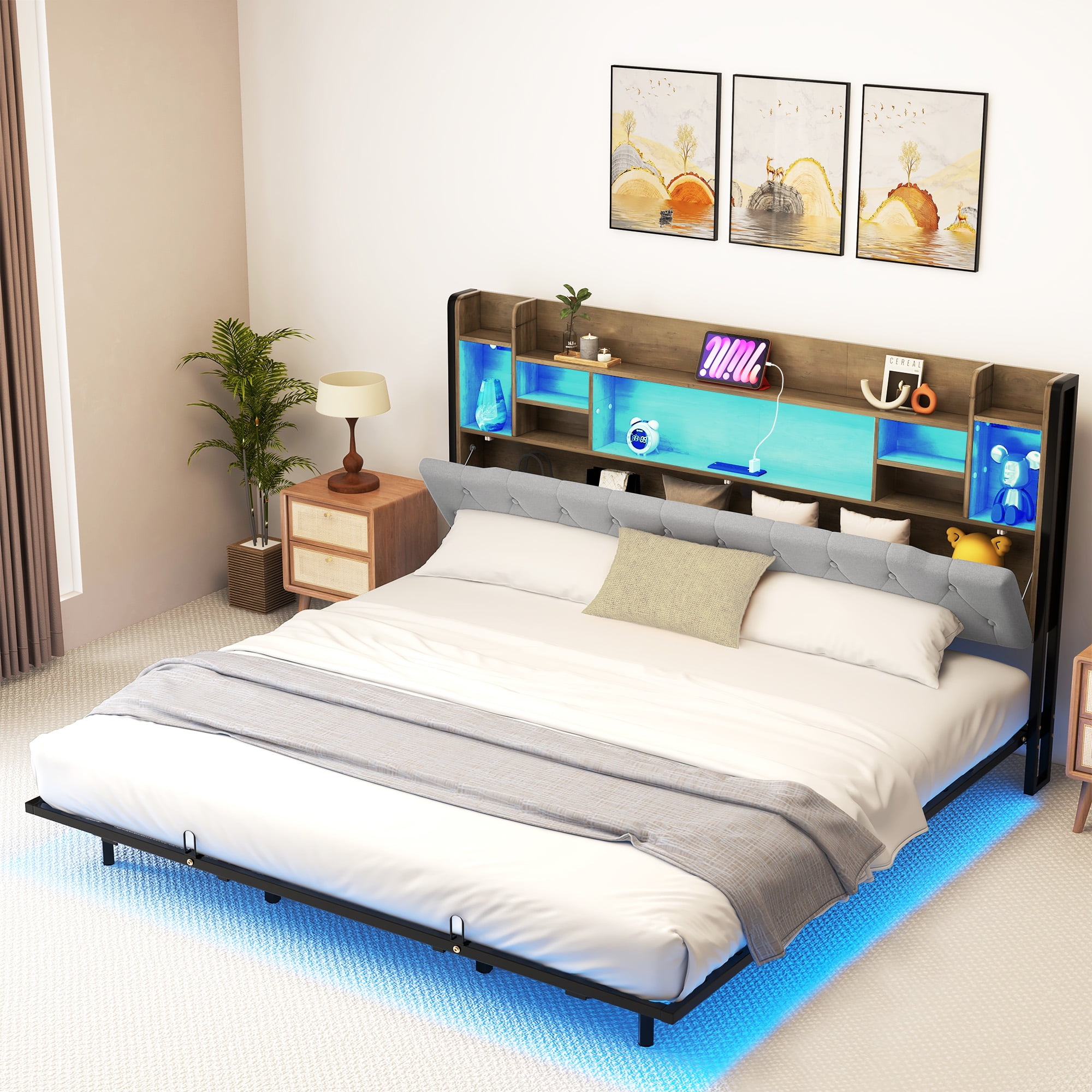 Dextrus Light Gray Luxe King Size Levitating Bed Frame, Cushioned ...