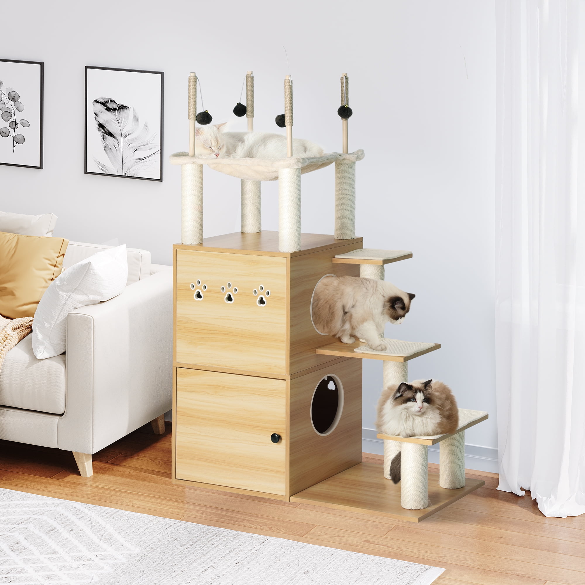Dextrus Litter Box Enclosure, 2-in-1 Modern Cat Tree with 3 Litter Mats for Large Cats, Indoor Wood Cat House and Condo with Sisal Scratching Post and Toys