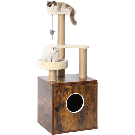 Dextrus Litter Box Enclosure with Cat Tree and Tower 4-in-1 Separable Cat Furniture Endtable with Hammock and Scratching Posts for Large Cats