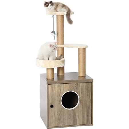 Dextrus Litter Box Enclosure with Cat Tree and Tower 4-in-1 Separable Cat Furniture Endtable with Hammock and Scratching Posts for Large Cats
