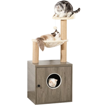 Dextrus Litter Box Enclosure with Cat Tree and Tower 4-in-1 Separable Cat Furniture Endtable with Hammock and Scratching Posts for Large Cats