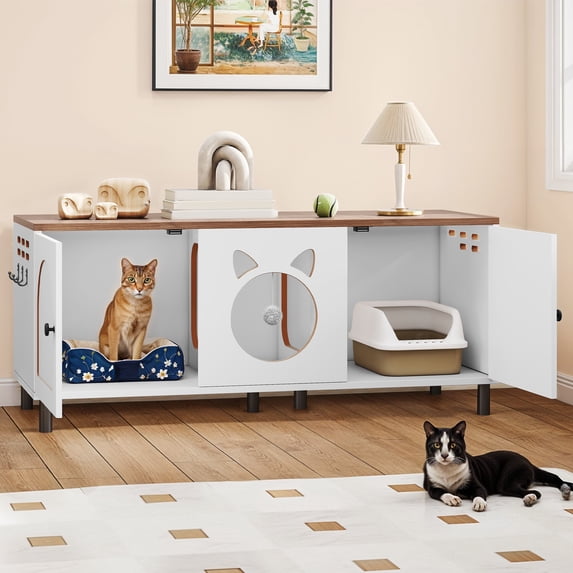 DEXTRUS large wooden cat litter box enclosure with double room, white cat washroom furniture end table