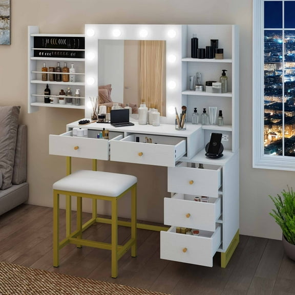 Dextrus Makeup Vanities with LED Lighted Mirror & Power Outlet,Makeup Vanity Desk with 5 Drawers & Cushion Stool,Dressing Table for Bedroom,White