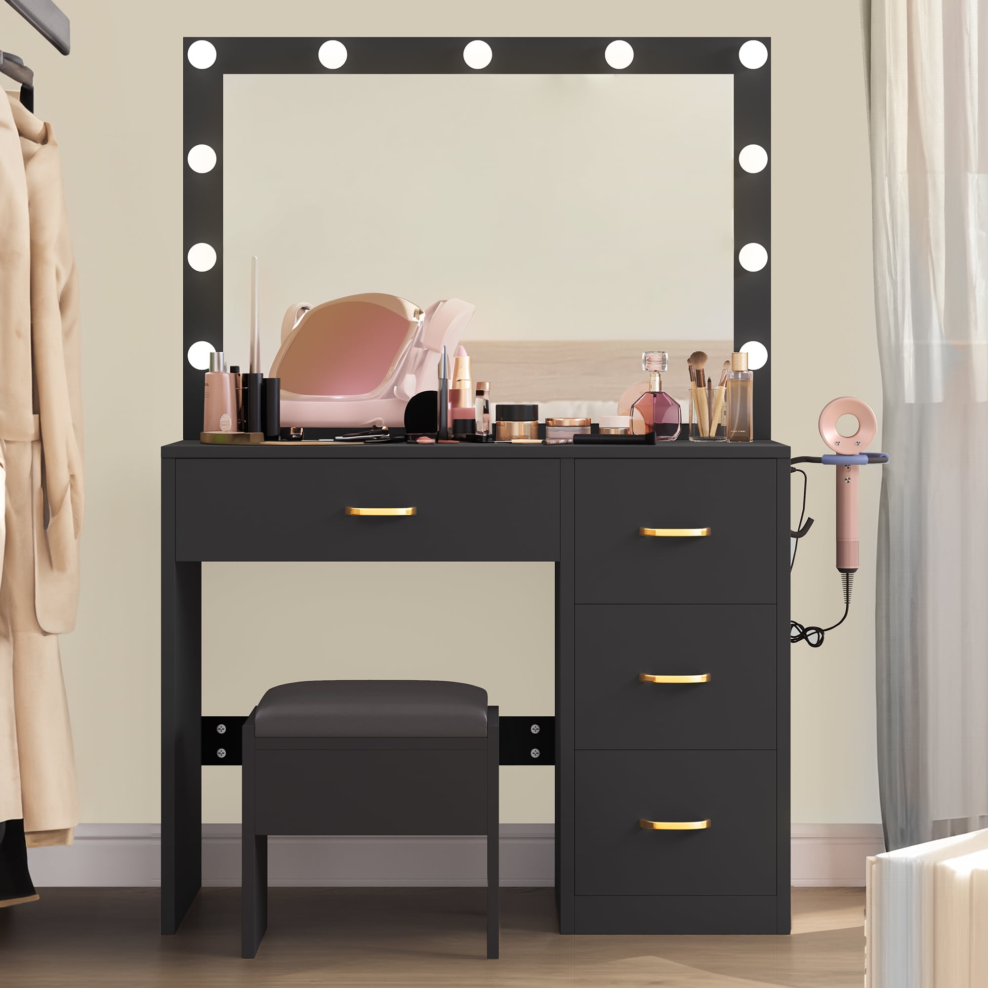 Dextrus Black Makeup Vanity with Built-in Charging Station with Mirror and Storage Shelves