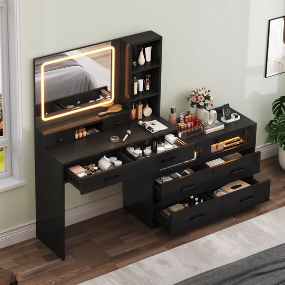 Dextrus Makeup Vanity Desk with LED Lighted Mirror 10 Drawers & , Modern Dressing Table with Power Outlet & Open Shelves, Black Vanity Table for Bedroom