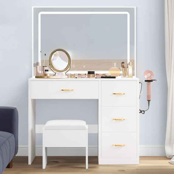 Dextrus Makeup Vanity Desk with Large Lighted Mirror and Storage - Enhance Your Beauty, Routine 4 Drawer Vanity Table with Cushioned Stool, Milky-White