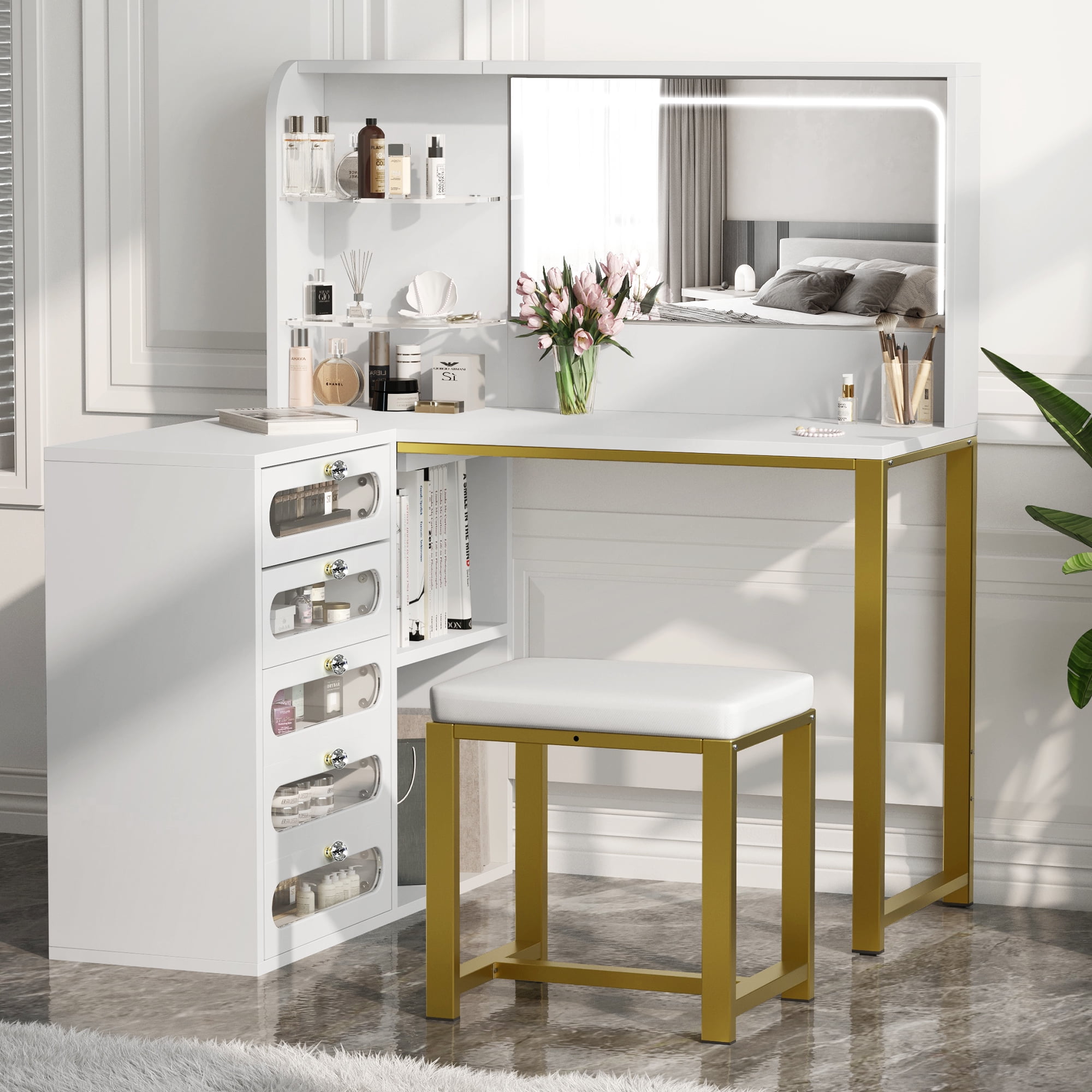 Dextrus Makeup Vanity Desk with Mirror and LED Light, 47" L Shaped 