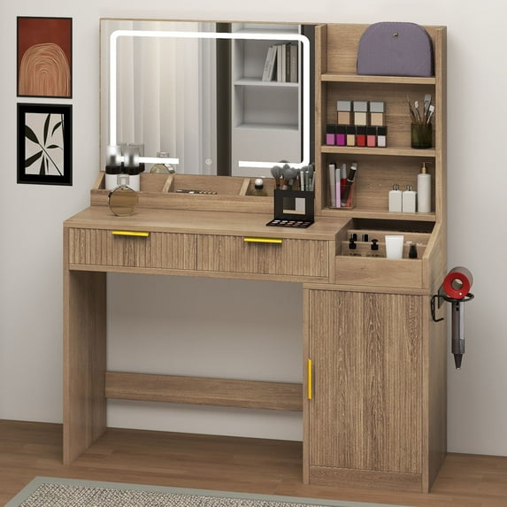 Dextrus Makeup Vanity Desk with Large Mirror, Adjustable Lights, Makeup Dressing Table with 2 Drawers & Power Outlets - Oak
