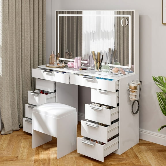 Dextrus Makeup Vanity Dressers with Light Strip and Extra-Large Mirror, 10-Drawer Set with Power Hub and Hair Dryer Rack, Glass Top with 3 Color Modes, Storage Bench, White