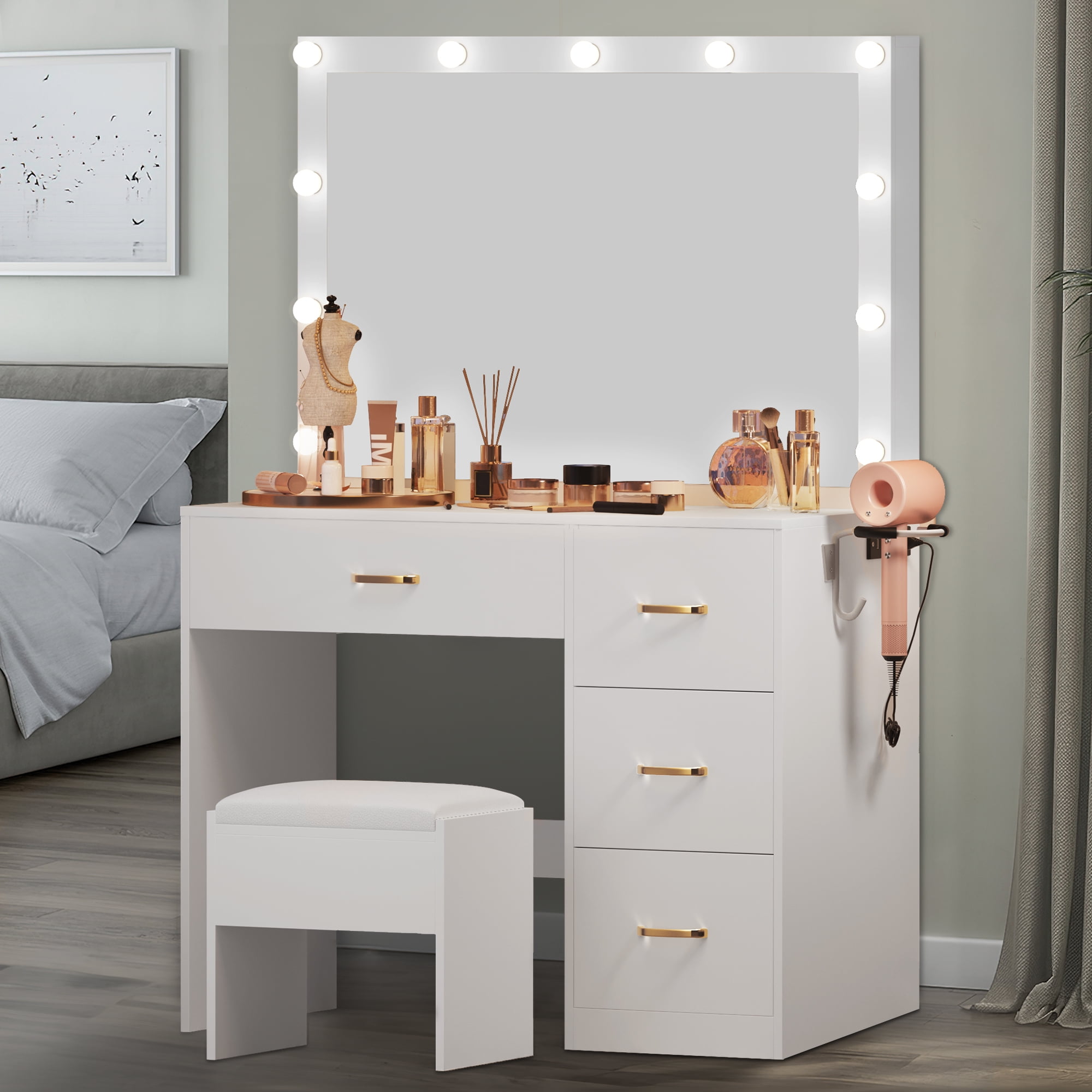 Dextrus Makeup Vanity Ensemble Generously Sized Illuminated Mirror Vanity Featuring Electrical Outlet 3 Versatile Lighting Modes Customizable