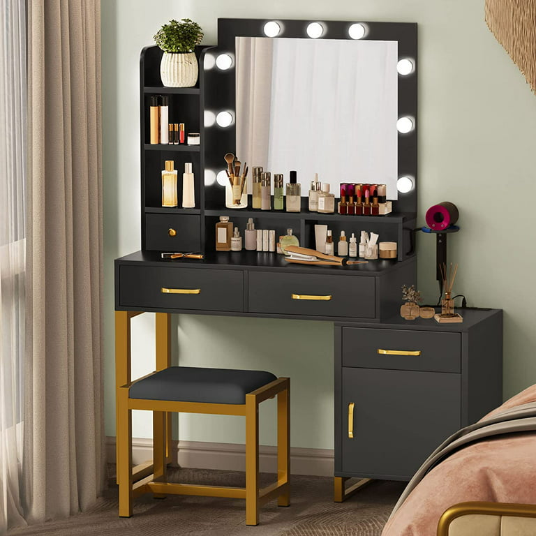Dextrus Makeup Vanity with Lights and Drawers, Vanity Mirror with Lights Desk and Chair, Vanity