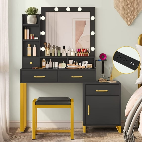 Dextrus Makeup Vanity with Lights and Drawers, Vanity Mirror with Lights Desk and Chair, Vanity Table with 3 Color Adjustable Lighting Brightness & Power Outlet, Hair Dryer Rack, Black