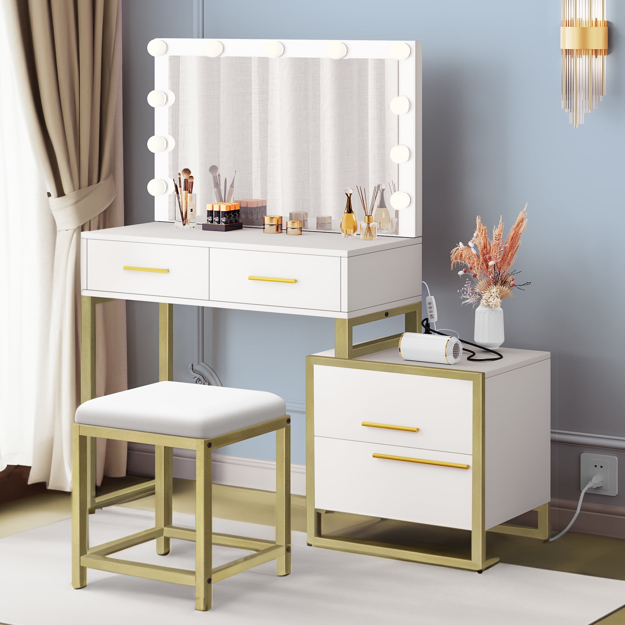 Dextrus Makeup Vanity with Lights and Power Strip, Vanity Desk with