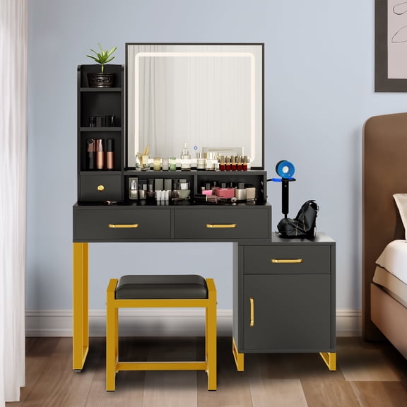 Dextrus Makeup Vanity with Mirror, Lights and Drawers, Vanity Table Set with Adjustable Lighting, Power Strip, Storage Shelves and 3 Lighting Color Options - Black
