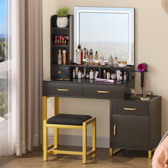 DEXTRUS Vanity Table Set with Mirror, Drawers, Adjustable Lighting and Storage Shelves, Black