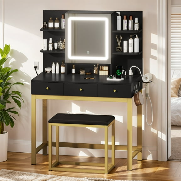 Dextrus Makeup Vanity Set with LED Lighted Mirror, Makeup Desk with Drawers & Stool, Vanity Table with Hidden Storage Shelves, Makeup Dressing Table Set for Girls,Princess, Black