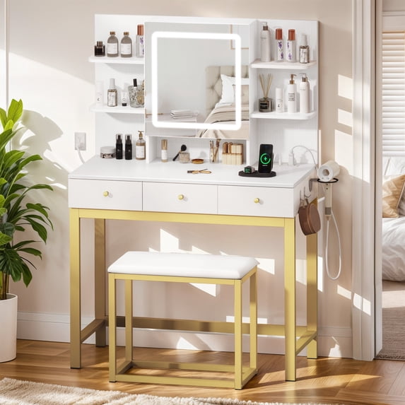 Dextrus Makeup Vanity Set with LED Lighted Mirror, Makeup Desk with Drawers & Stool, Vanity Table with Hidden Storage Shelves, Makeup Dressing Table Set for Girls,Princess, White