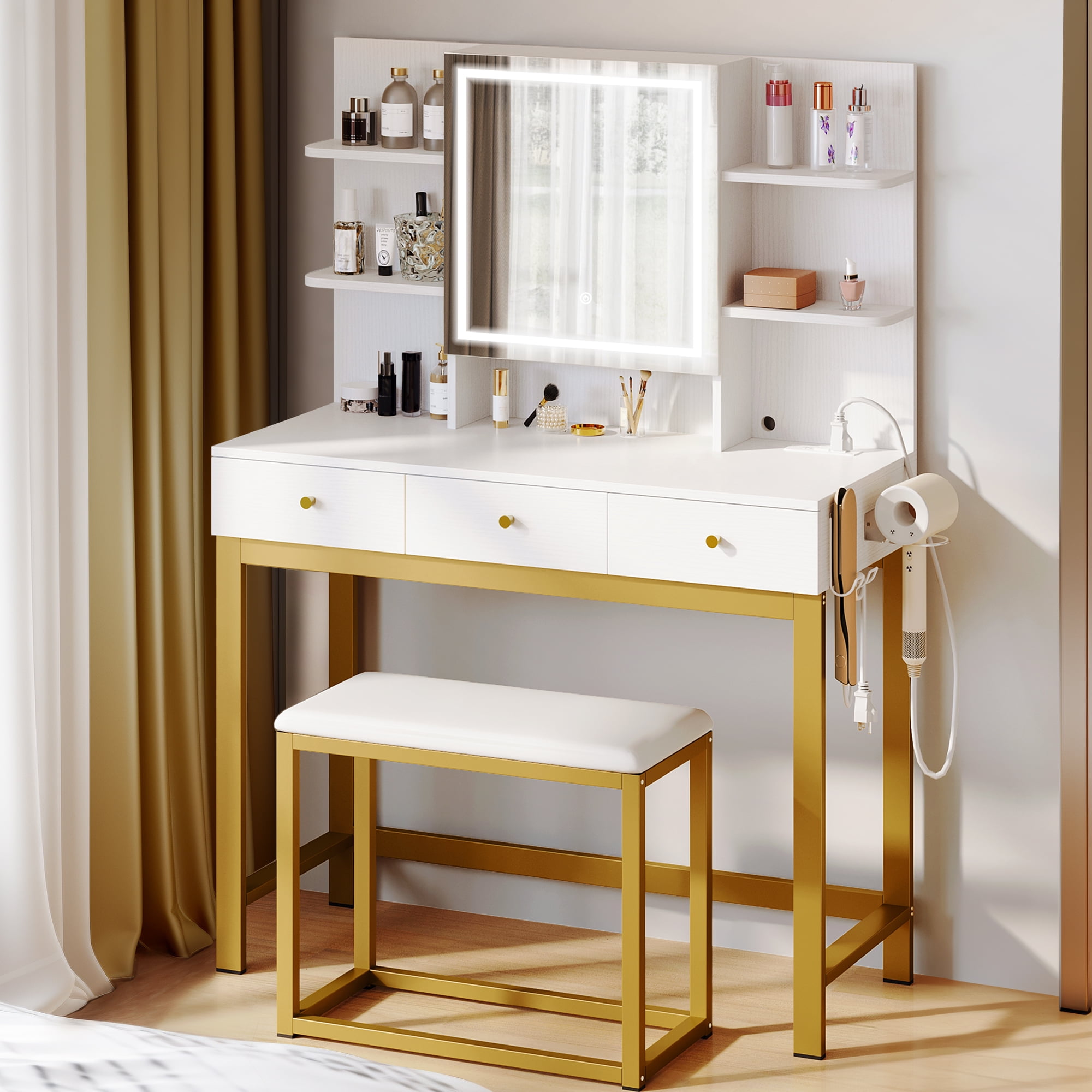 Dextrus Makeup Vanity Set with Lighted Mirror & Power Outlet, Hidden