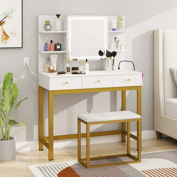 Dextrus Makeup Vanity Set with Lighted Mirror & Power Outlet, Hidden Storage Shelves, Vanity Dressing Table with Drawers & Cushioned Stool, Dressing Table for Girls, Women, White