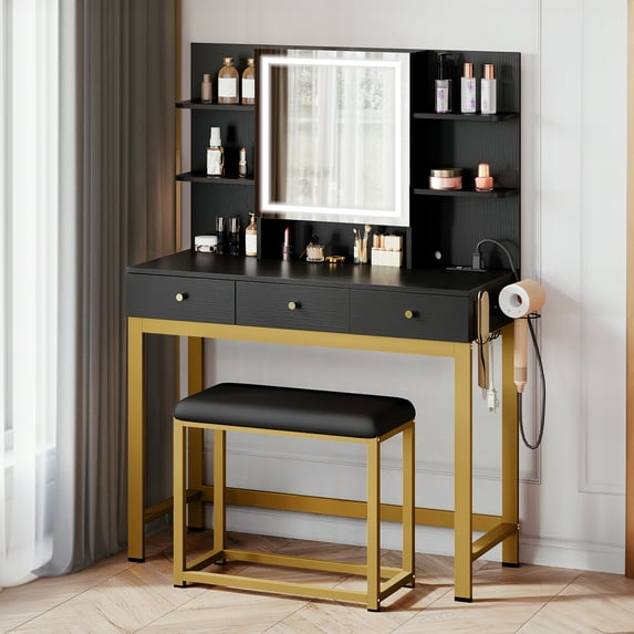 Dextrus Makeup Vanity Set with Lighted Mirror & Power Outlet, Hidden Storage Shelves, Vanity Dressing Table with Drawers & Cushioned Stool, Dressing Table for Girls, Women, Black