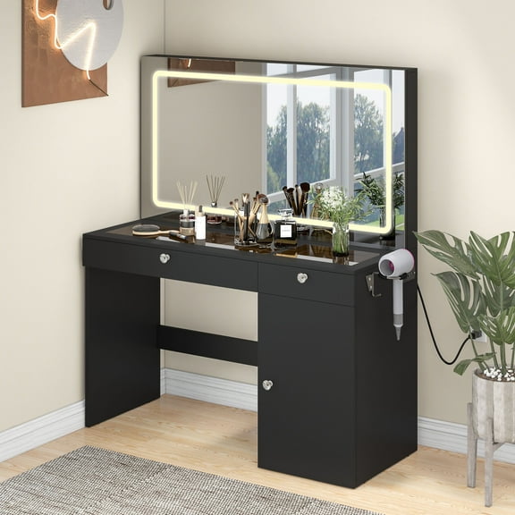 Dextrus Makeup Vanity Table with LED Lighted Mirror & Power Outlet, Modern Vanity Desk with Drawers , Black
