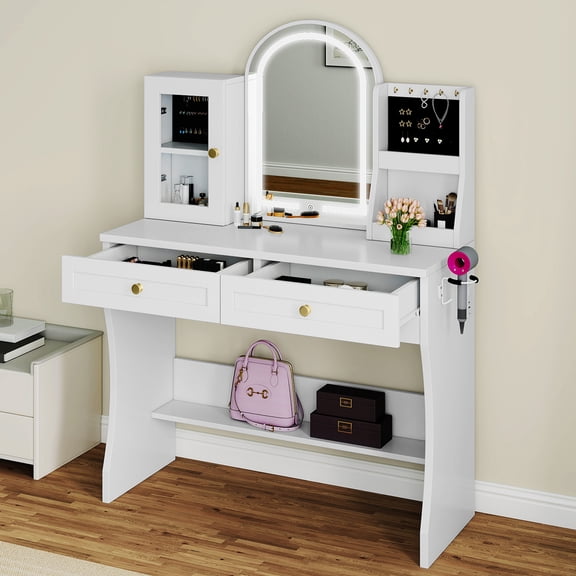 Dextrus Makeup Vanity Table with Mirror and Lights, Vanity Makeup Desk with Charging Station, Jewelry Storage Cabinet Shelves