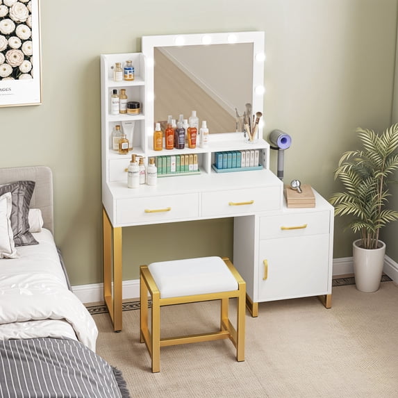 DEXTRUS 3 Drawers Makeup Vanity with Adjustable Lighting and Power Outlet, White