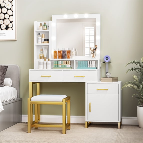 DEXTRUS 3 Drawer Makeup Vanity with Adjustable Lighting and Power Outlet, White