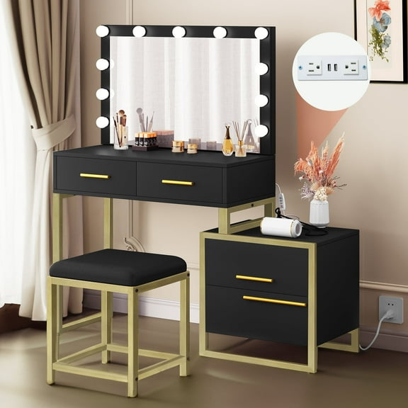 Dextrus Black-Gold Makeup Vanity with 4 Drawers, Mirror and 10 LED Lights