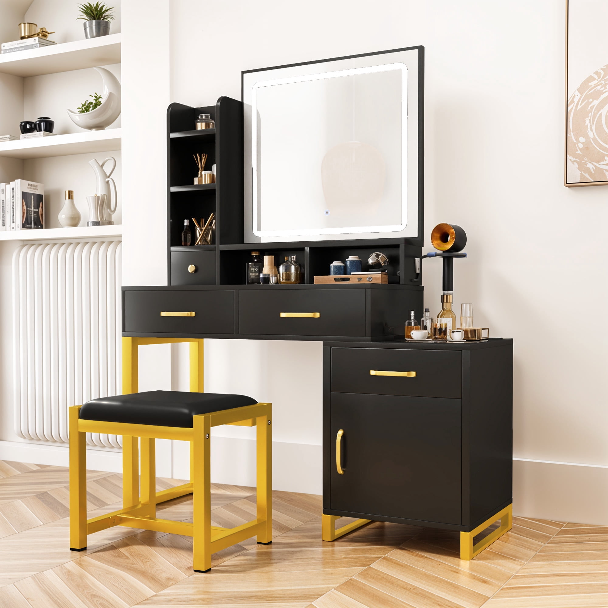 DEXTRUS Vanity Table Set with Adjustable 3 Lighting Color Options Power Outlet Large, Black