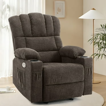 Dextrus Massage and Heat Glider Recliner Chair, Fabric Rocking Recliner Chair with 2 Built-in Cup Holders, USB Charging Port, and Convenient Side Pocket, Brown
