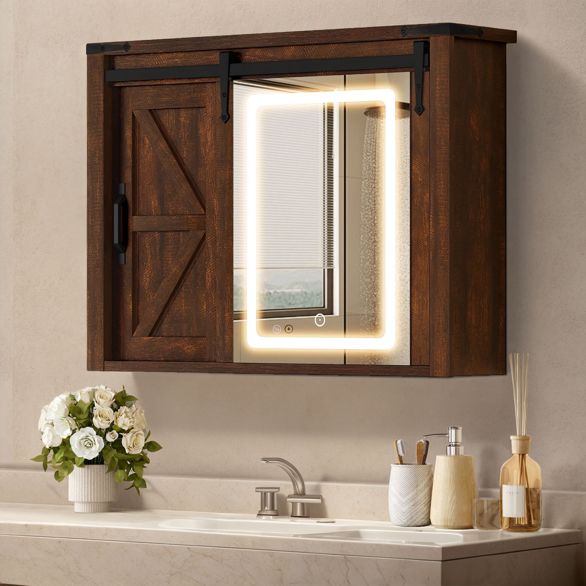 Dextrus Medicine Cabinet with LED Lights Mirror Bathroom Wall Storage Cabinet with Door and Adjustable Shelf Brown