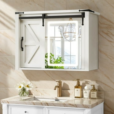 Dextrus Medicine Cabinet with LED Lights Mirror, Bathroom Wall Storage Cabinet with Door and Adjustable Shelf, White