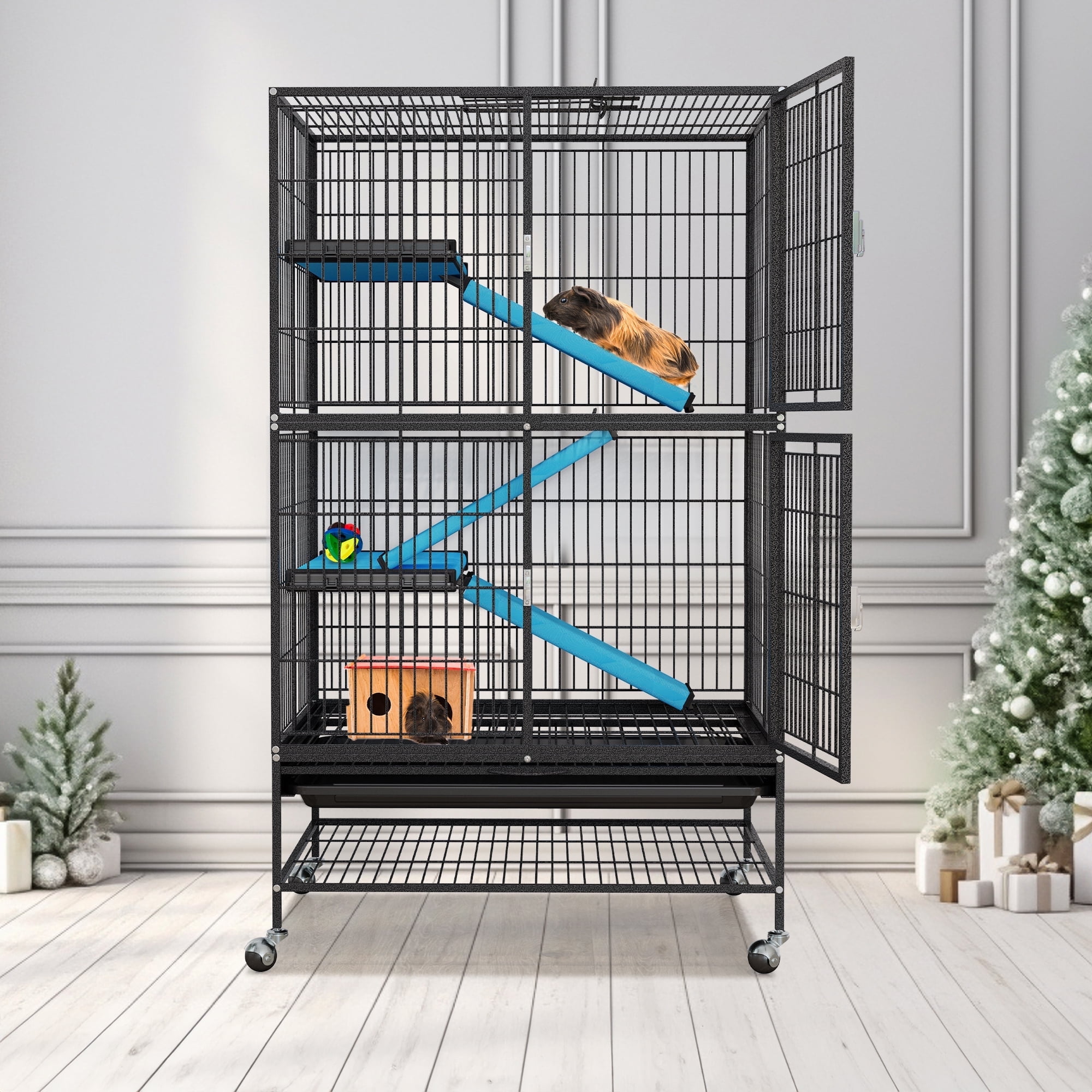 Dextrus Metal Animal Cage with Rolling Stand&Plastic Platform Stair,4-Tiers Large Indoor Cages for Adult Rats, Rabbits, Ferrets, Chinchillas, Cats, Guinea Pigs, and Large Hamsters