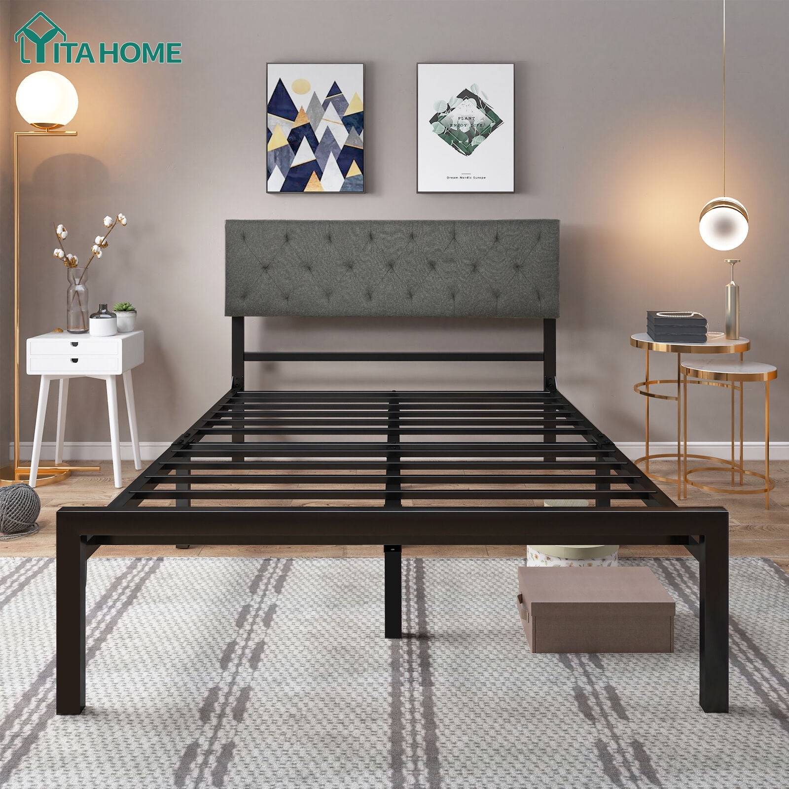 Iron bed frame with headboard discount