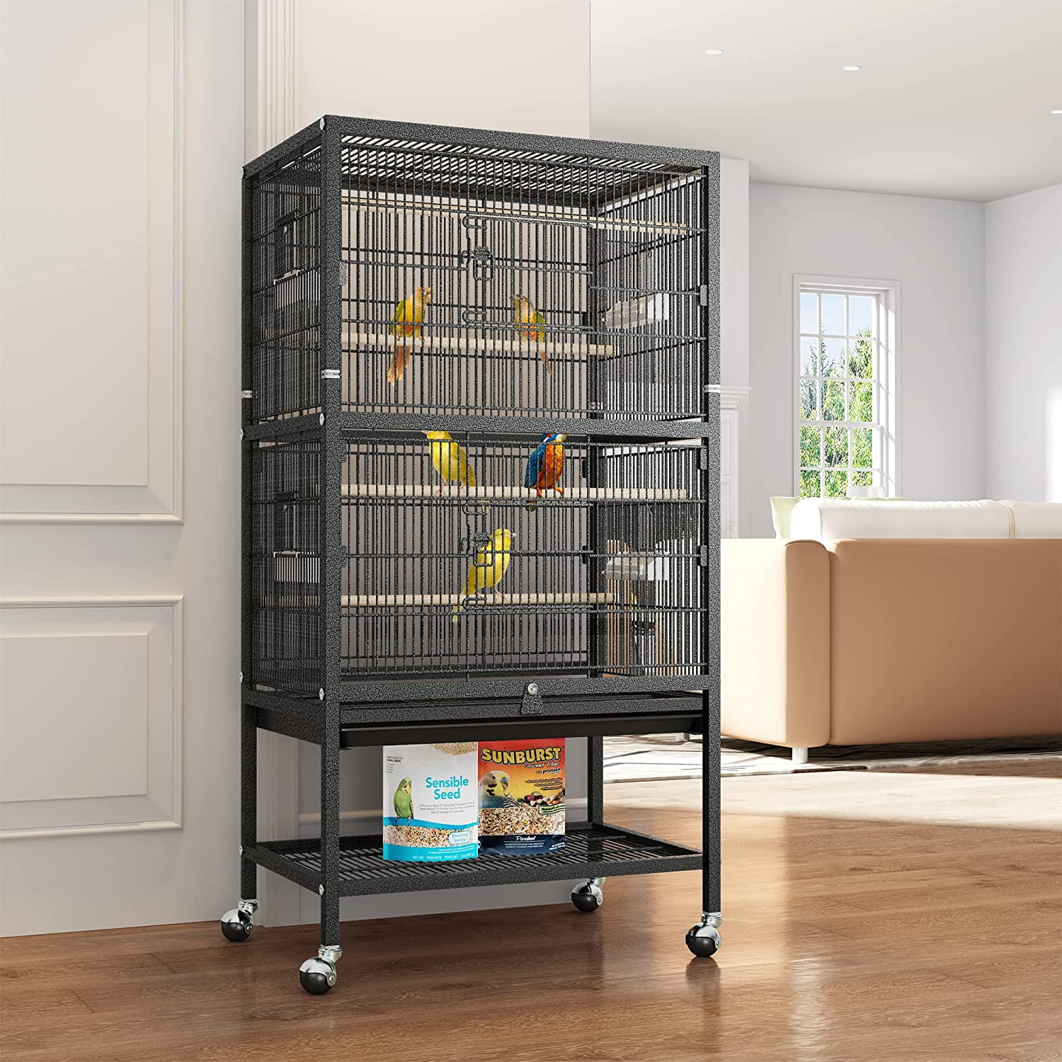Dextrus Metal Bird Cage 52" with Rolling Stand and Castor Wheels, Large Budgie Cages with 2 Free