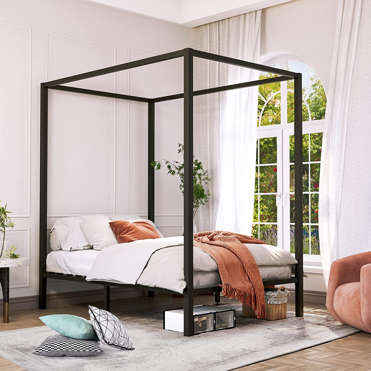 Dextrus Metal Canopy Bed Frame 13 Inch Platform Wood Slat Support No Box Spring Needed Queen Black