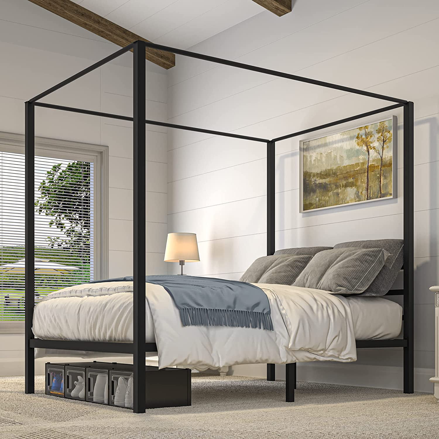 Dextrus Metal Canopy Bed Frame 14 Inch Platform Four Posters Bed with Built-in Headboard Strong Metal Slat Mattress Support, No Box Spring Needed, Black, Full Size