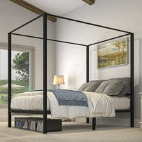 Dextrus Metal Canopy Bed Frame 14 Inch Platform Four Posters Bed with Built-in Headboard Strong Metal Slat Mattress Support, No Box Spring Needed, Black, Full Size