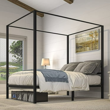Dextrus Metal Canopy Bed Frame 14 Inch Platform Four Posters Bed with Built-in Headboard Strong Metal Slat Mattress Support, No Box Spring Needed, Black, Full Size