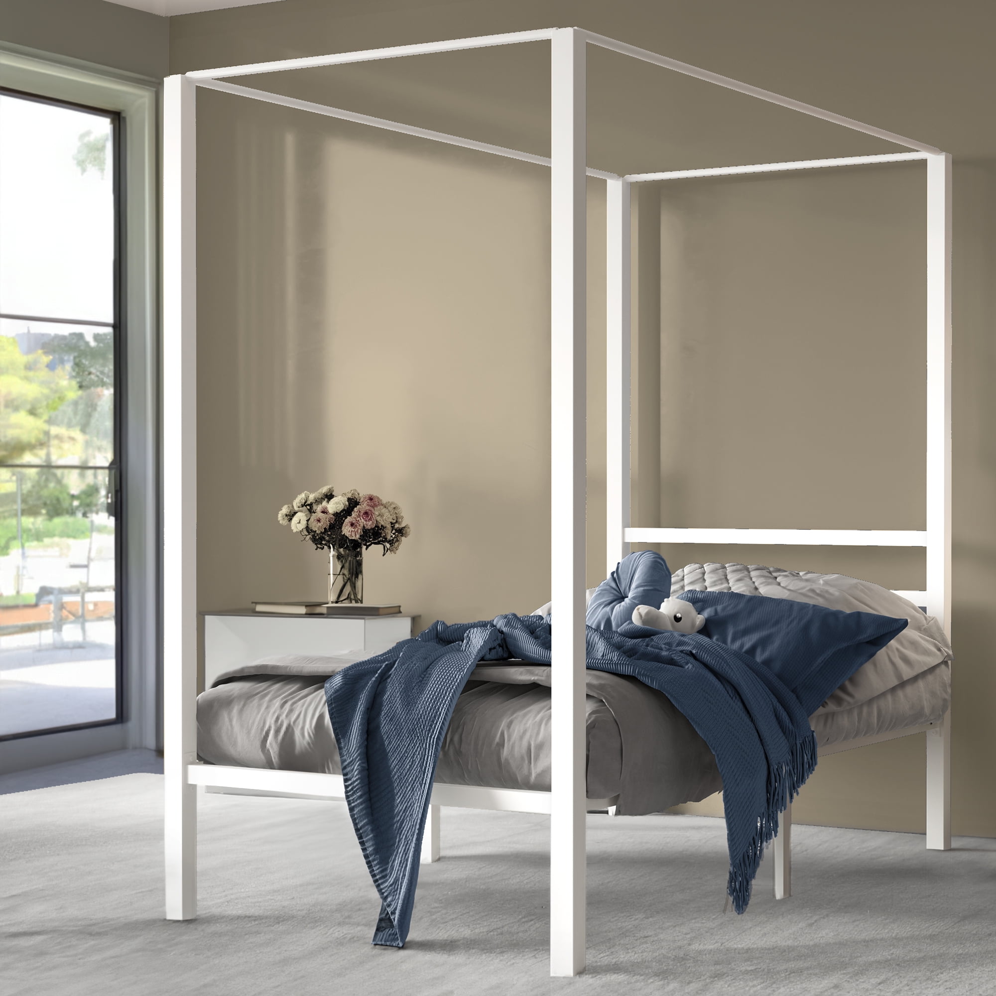 Dextrus Metal Canopy Bed Frame 14 inch Platform with Built-in Headboard,No Box Spring Needed, White