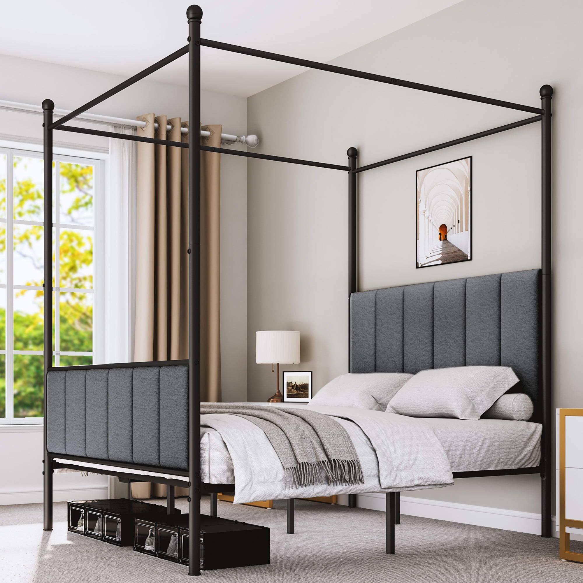 Dextrus Metal Canopy Bed Frame with Headboard Strong Metal Slat Support Mattress Foundation, No Box Spring Needed, Gray, Queen Size