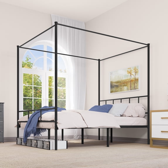 Dextrus Metal Canopy Four Poster Bed Frame, No Box Spring Needed, Black