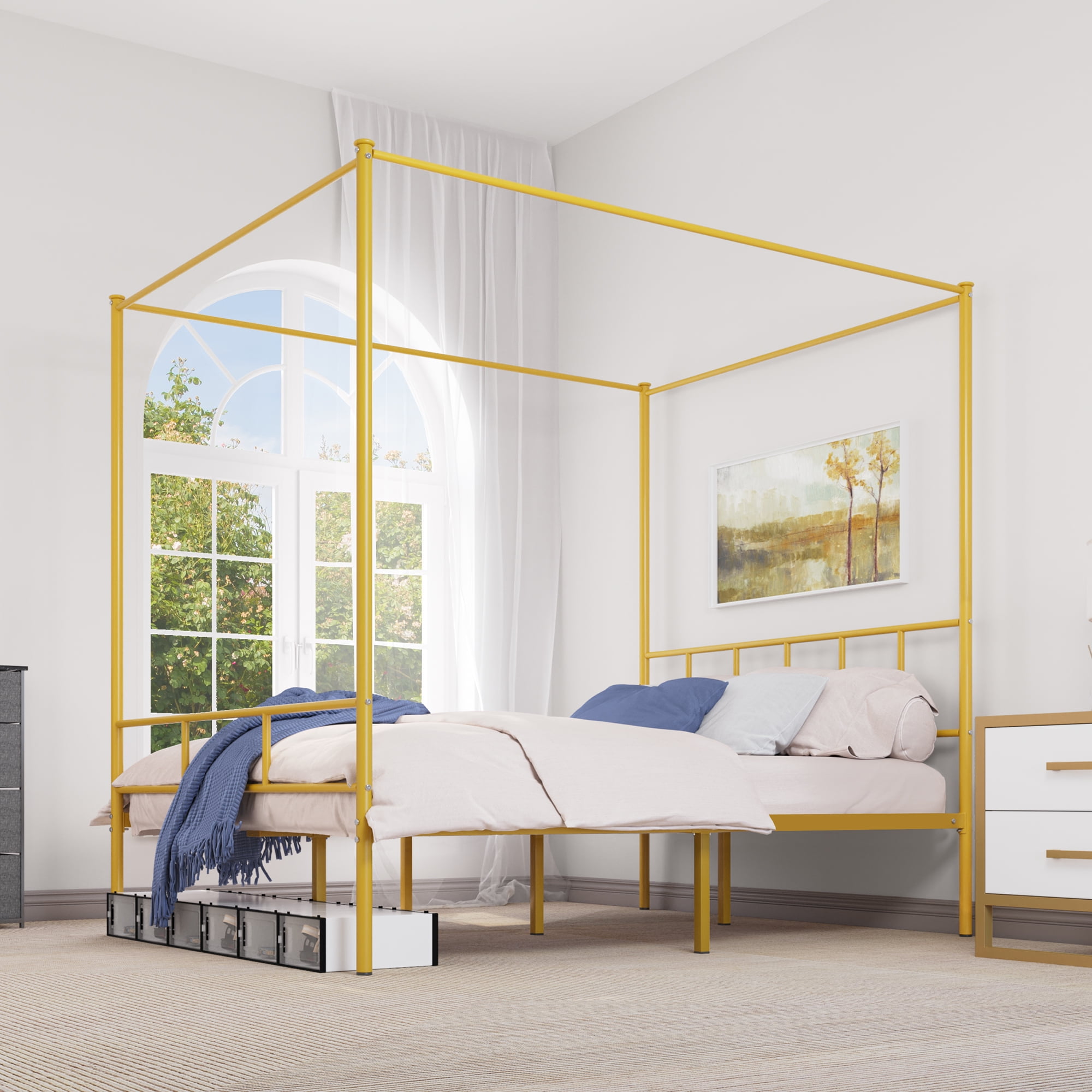 Dextrus Metal Canopy Four Poster Bed Frame , No Box Spring Needed, Gold
