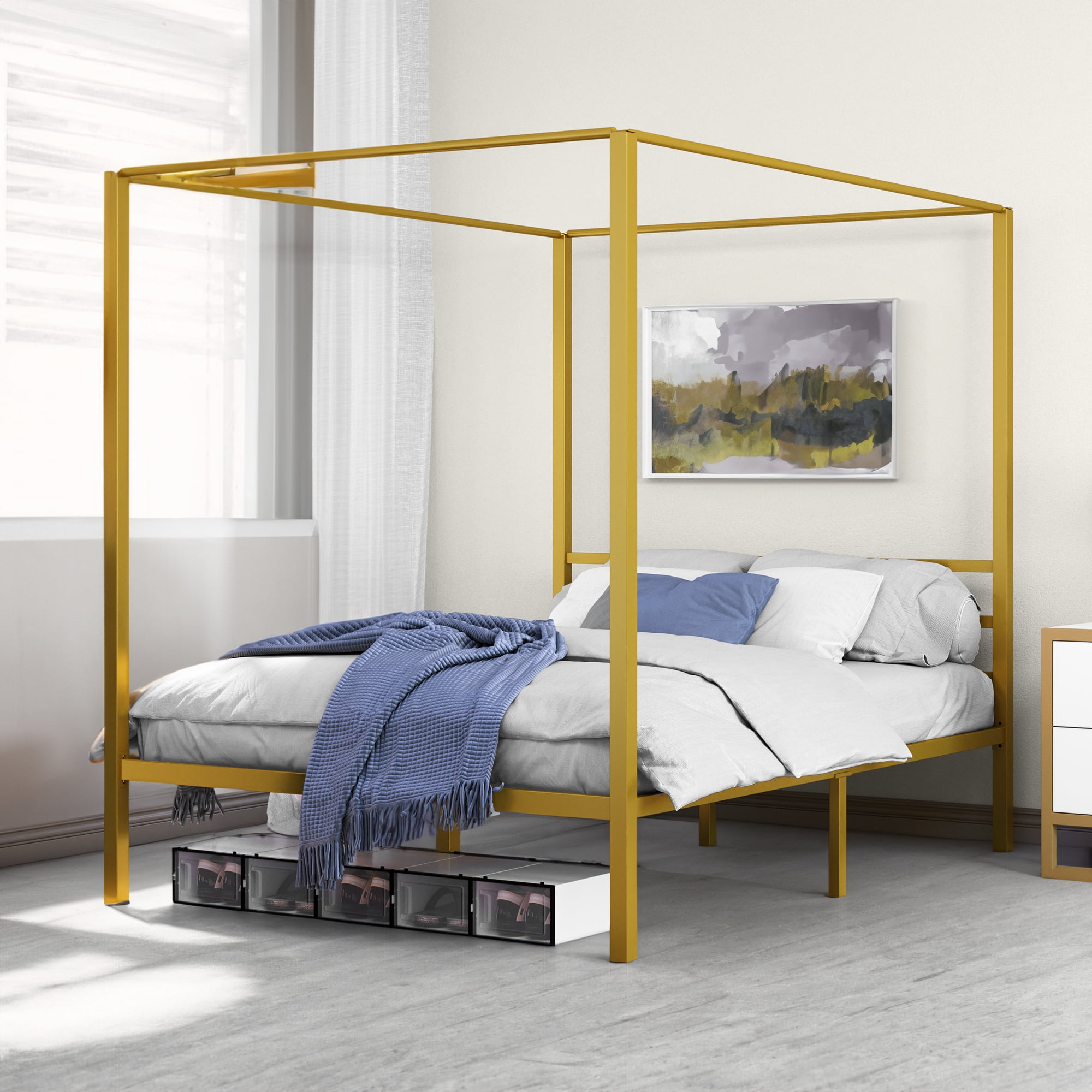 Dextrus Metal Poster Canopy Bed Frame 14 inch Platform with Built-in Headboard, Gold, Queen Size