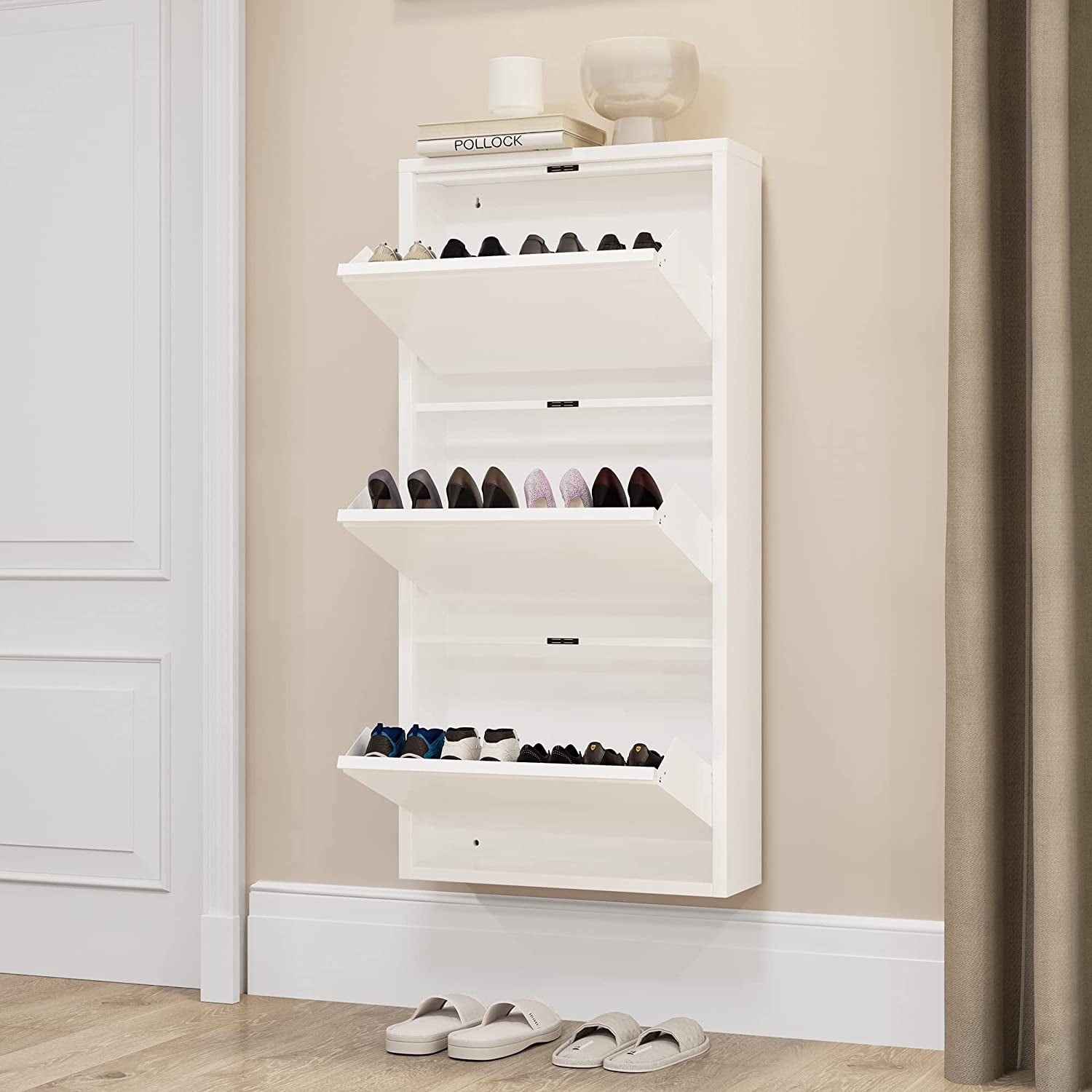 Yitahome  Metal Shoe Cabinet 3 Tiers For Entryway Shoe Storage In White