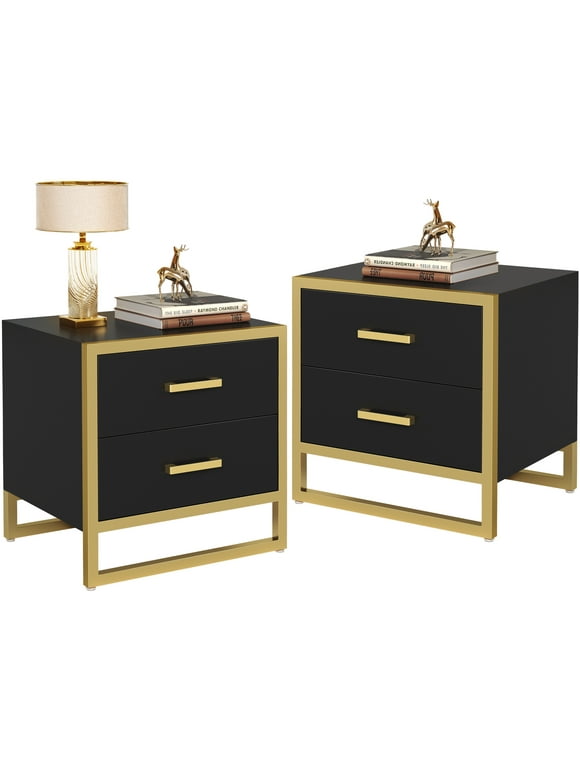 Dextrus Mid-Century Modern Nightstand Set of 2 End Side Table with 2 Drawers for Bedroom Living Room, Black