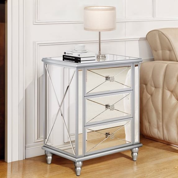 Dextrus Mirrored 3-Drawers Dressers with Wood Legs, Mirrored End Table Nightstand, Silver